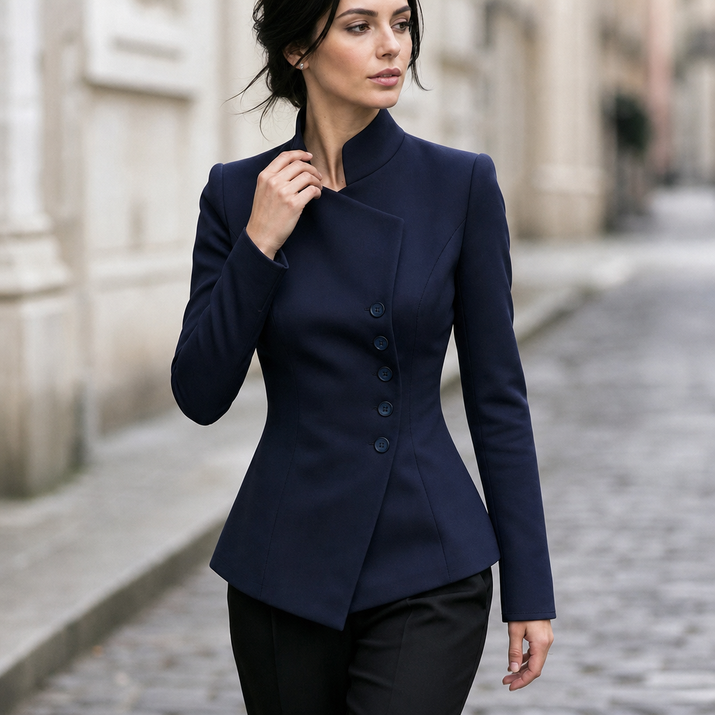 Vertica – Asymmetric Button-Up Stand Collar Blazer