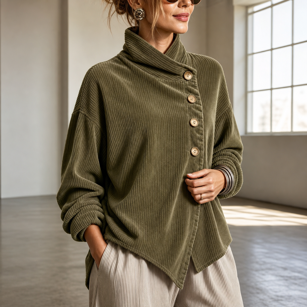 Wearbella – Funnel Collar Asymmetric Button Corduroy Top