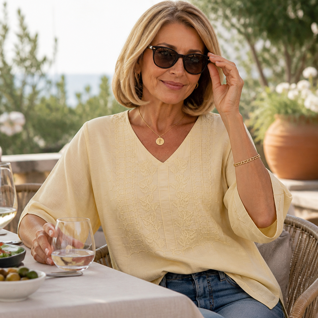 Wearbella – Embroidered V-Neck Lace Panel Blouse