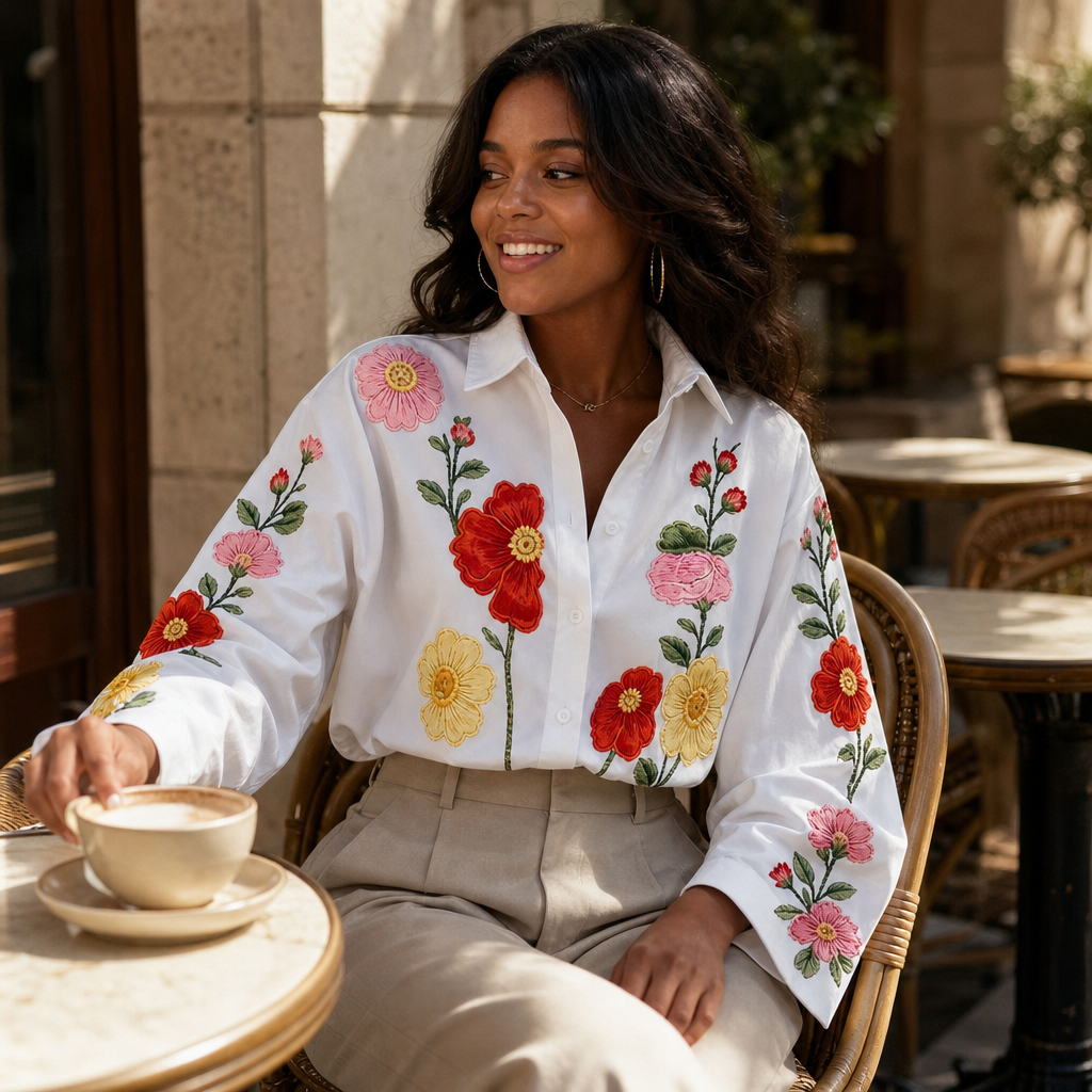Lunabloom – Floral Embroidered-Look Lapel-Collar Blouse