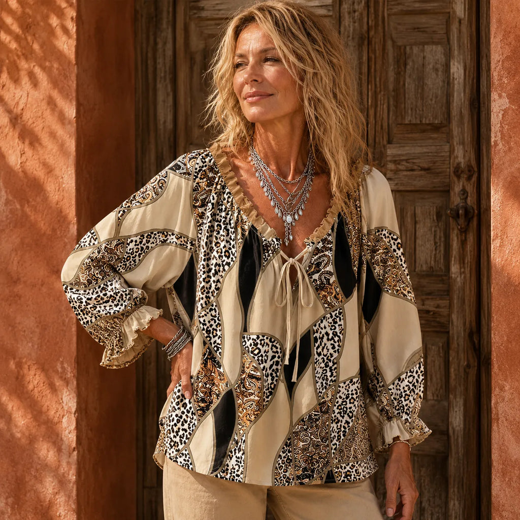 Sorelia – Mixed Print Patchwork Blouse, Leopard & Paisley V Neck