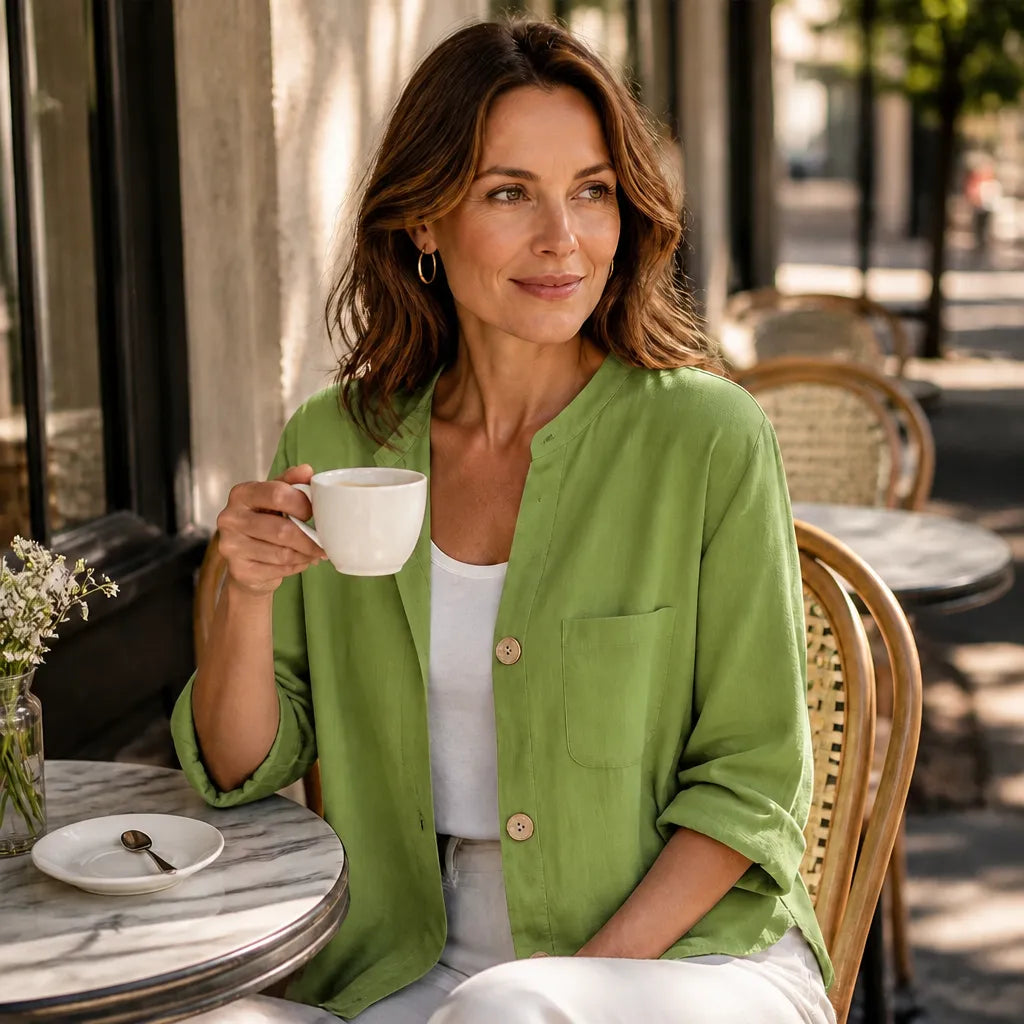 Marelle – Relaxed Fit Linen-Look Button Blouse with ¾ Sleeve