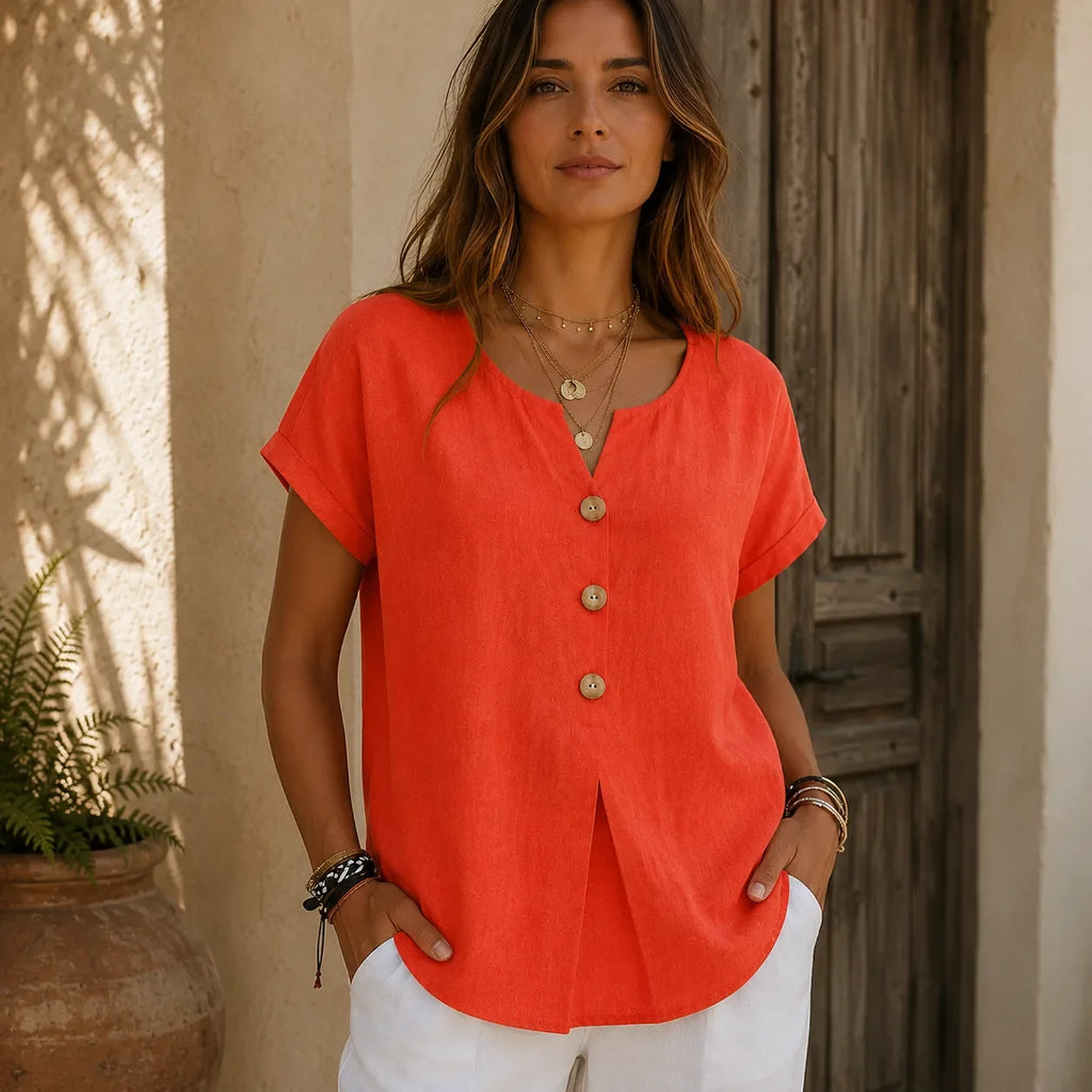 Lyneva – Linen-Look V-Neck Button Top for Women, Relaxed Casual Short-Sleeve Blouse