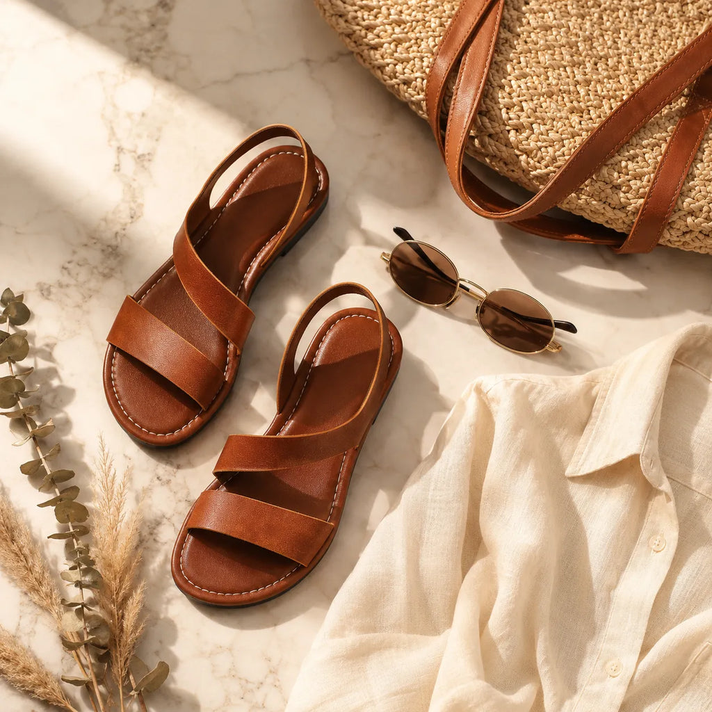 Solvea – Asymmetric Double Strap Flat Sandals for Women, Caramel and Black