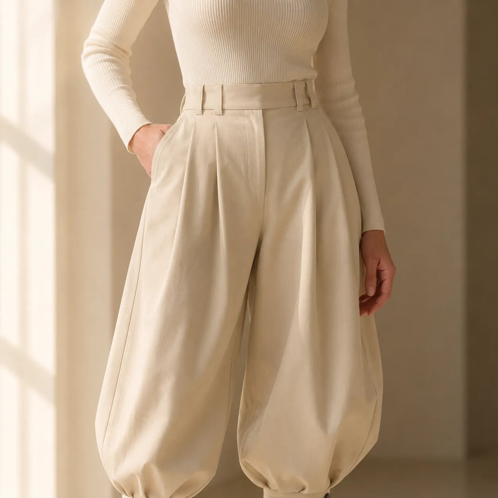 Marlow – Pleated Lantern Wide-Leg Trousers with Bow Cuffs