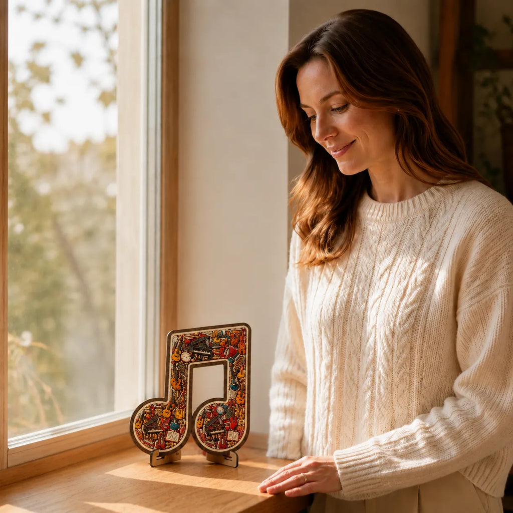 Melora – Wooden look Musical Note Puzzle with Instrument Shaped Pieces, Display Stand Included