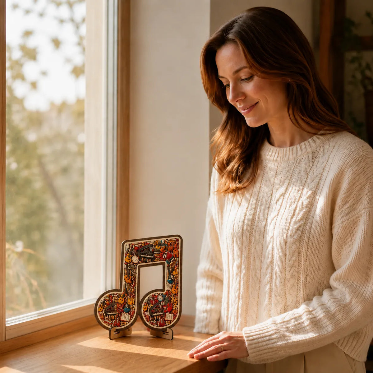 Melora – Wooden look Musical Note Puzzle with Instrument Shaped Pieces, Display Stand Included
