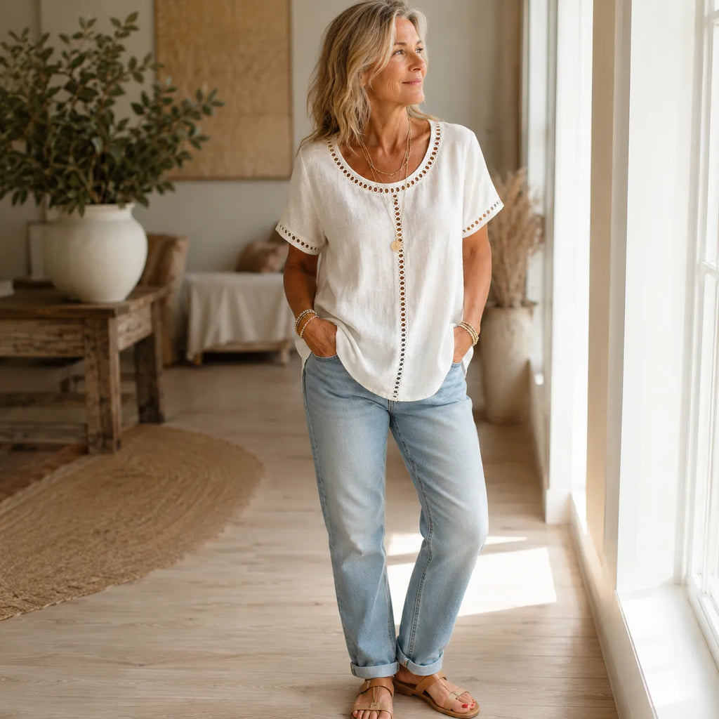 Marellia – Boho Openwork Trim Tunic Top for Women, Relaxed Fit Short Sleeve Summer Blouse