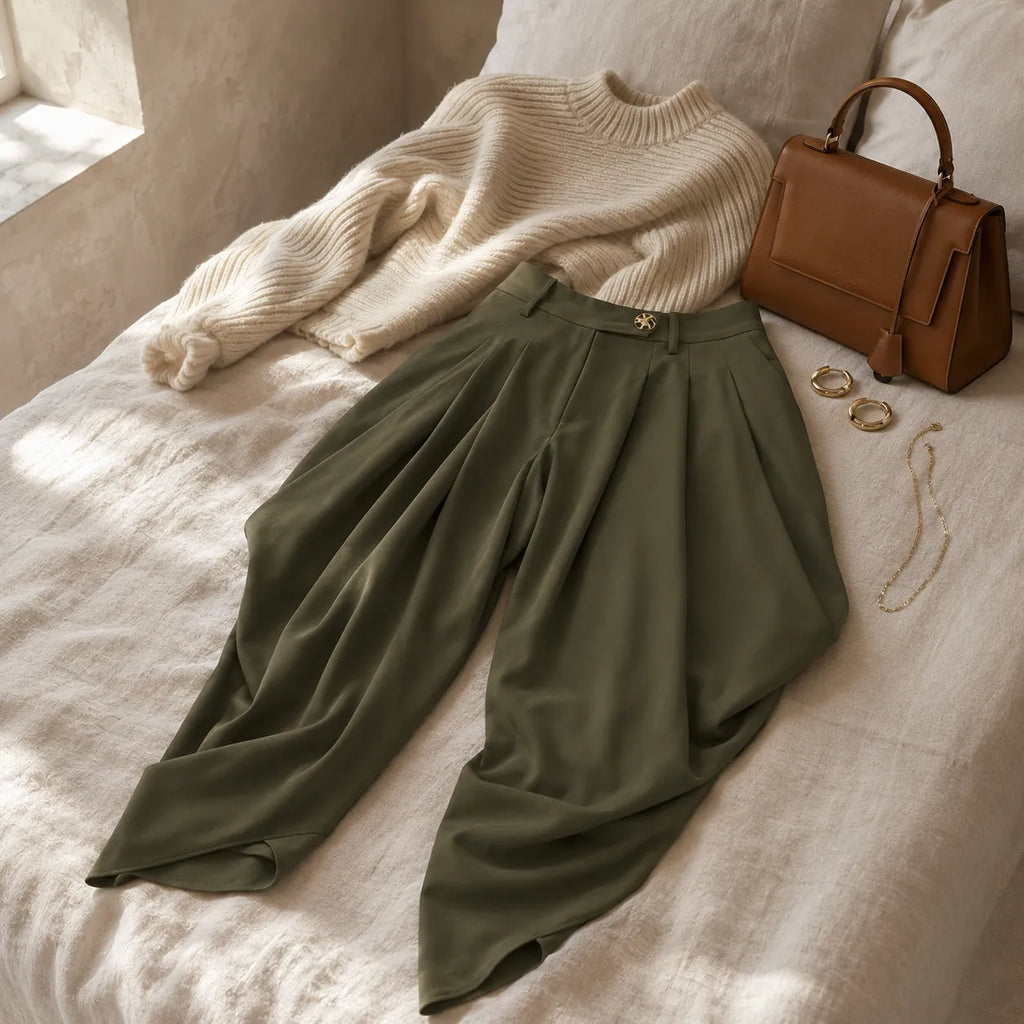 Velora – High Waist Pleated Tapered Wide Leg Trousers for Women