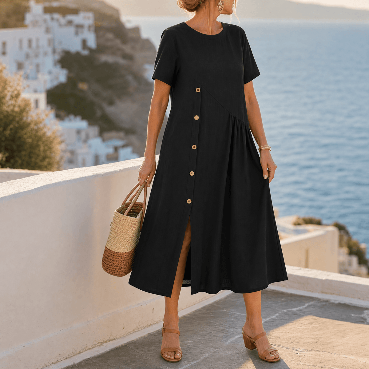 Lunavia – Women's Cotton-Linen Asymmetric Button Midi Dress