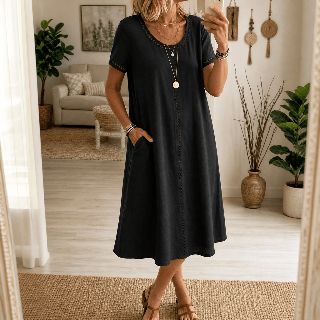 Lunavia – Women's Eyelet Trim Linen Midi Dress