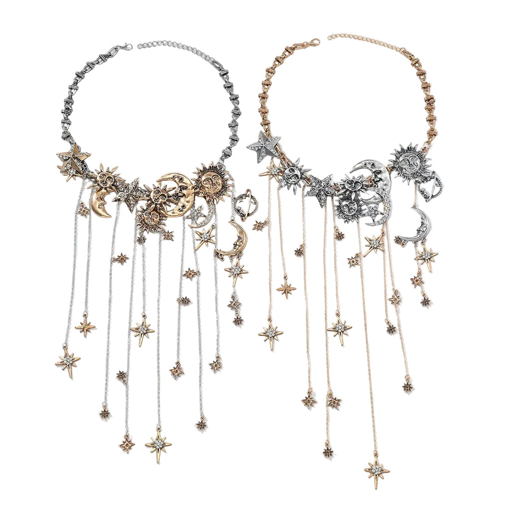Celestra - Cascading Sun Moon & Star Fringe Necklace