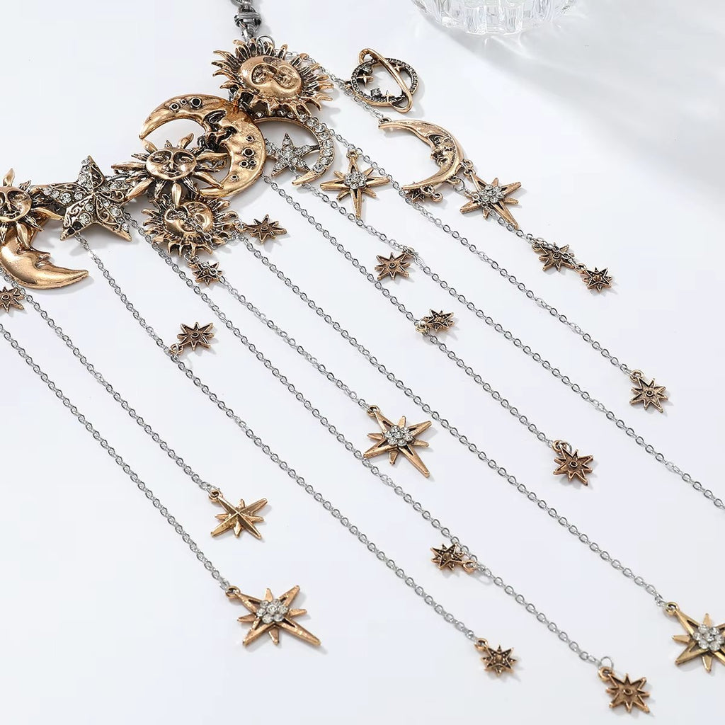 Celestra - Cascading Sun Moon & Star Fringe Necklace