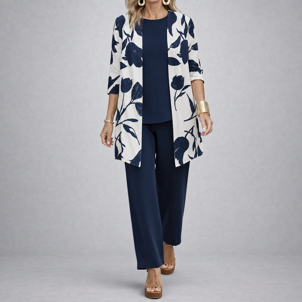 Brenda – Women's 3 Piece Set with Floral Cardigan, Scoop Top and Wide Leg Trousers