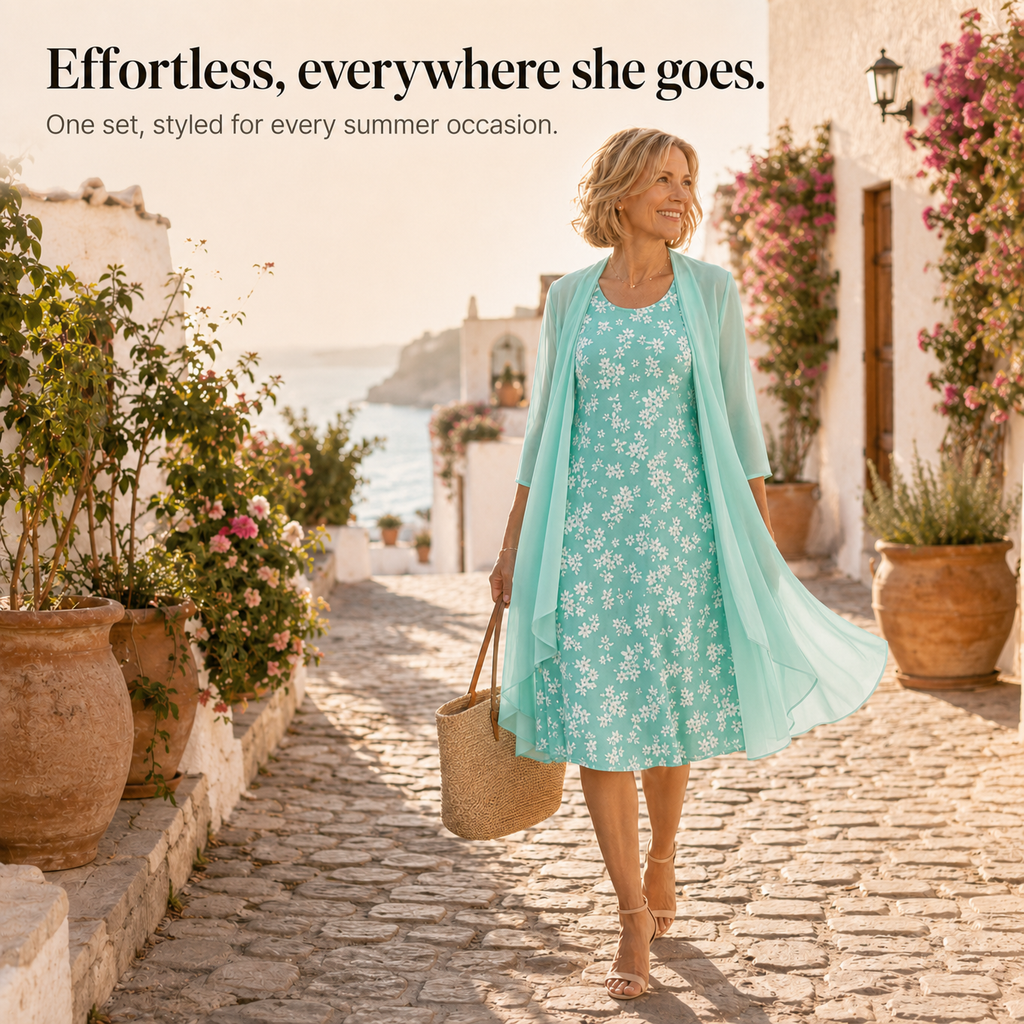 Marisella – Floral Midi Dress with Sheer Cardigan 2-Piece Set
