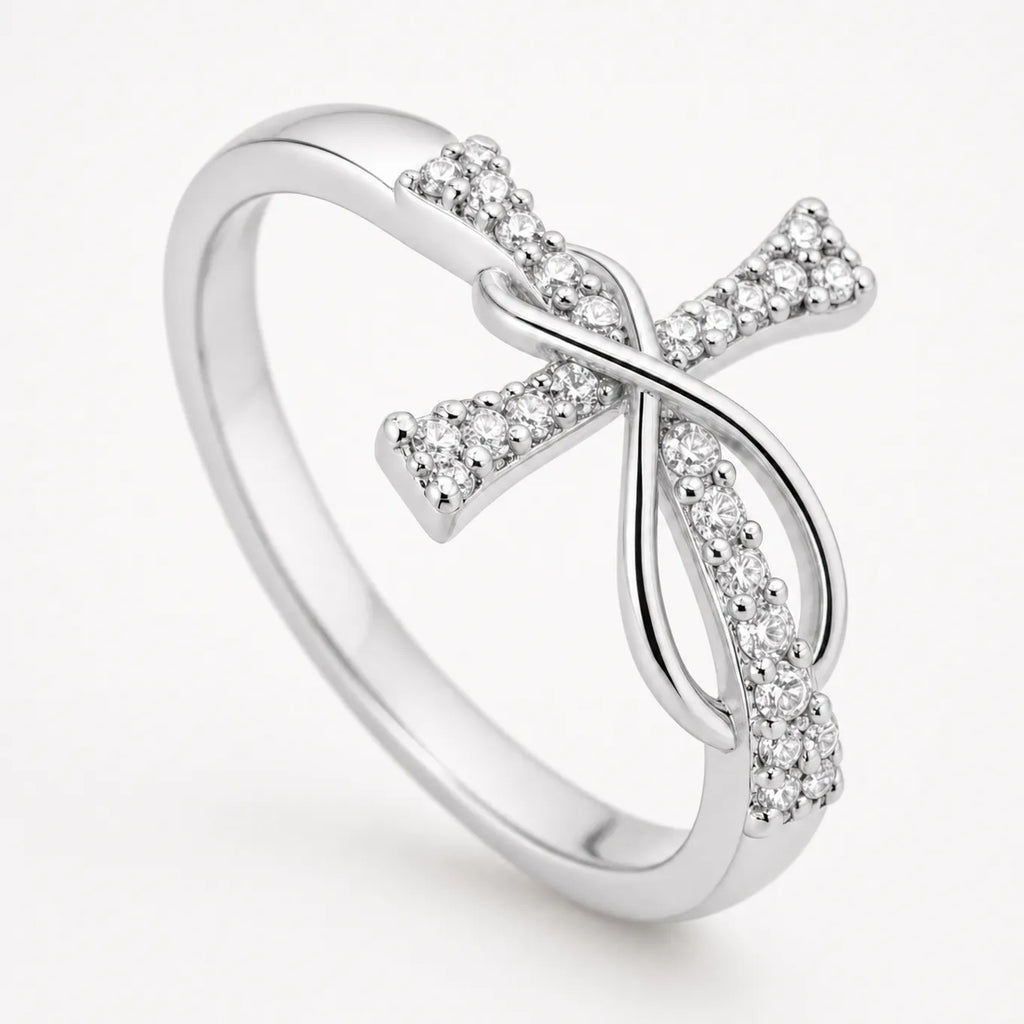 Graceloop – Mobius Cross Ring with Pavé Stones, Gold or Silver