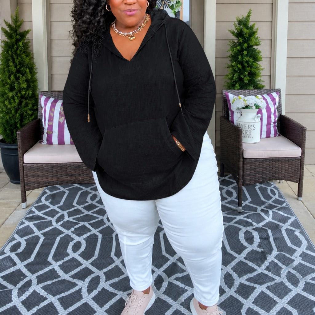 Muslina – Soft V-Neck Hooded Summer Top with Kangaroo Pocket