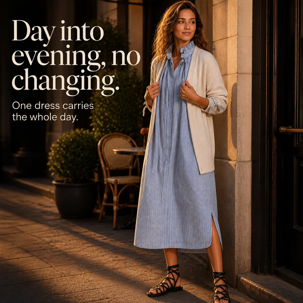 Verlyn – Striped Ruffle-Neck Long-Sleeve Midi Dress