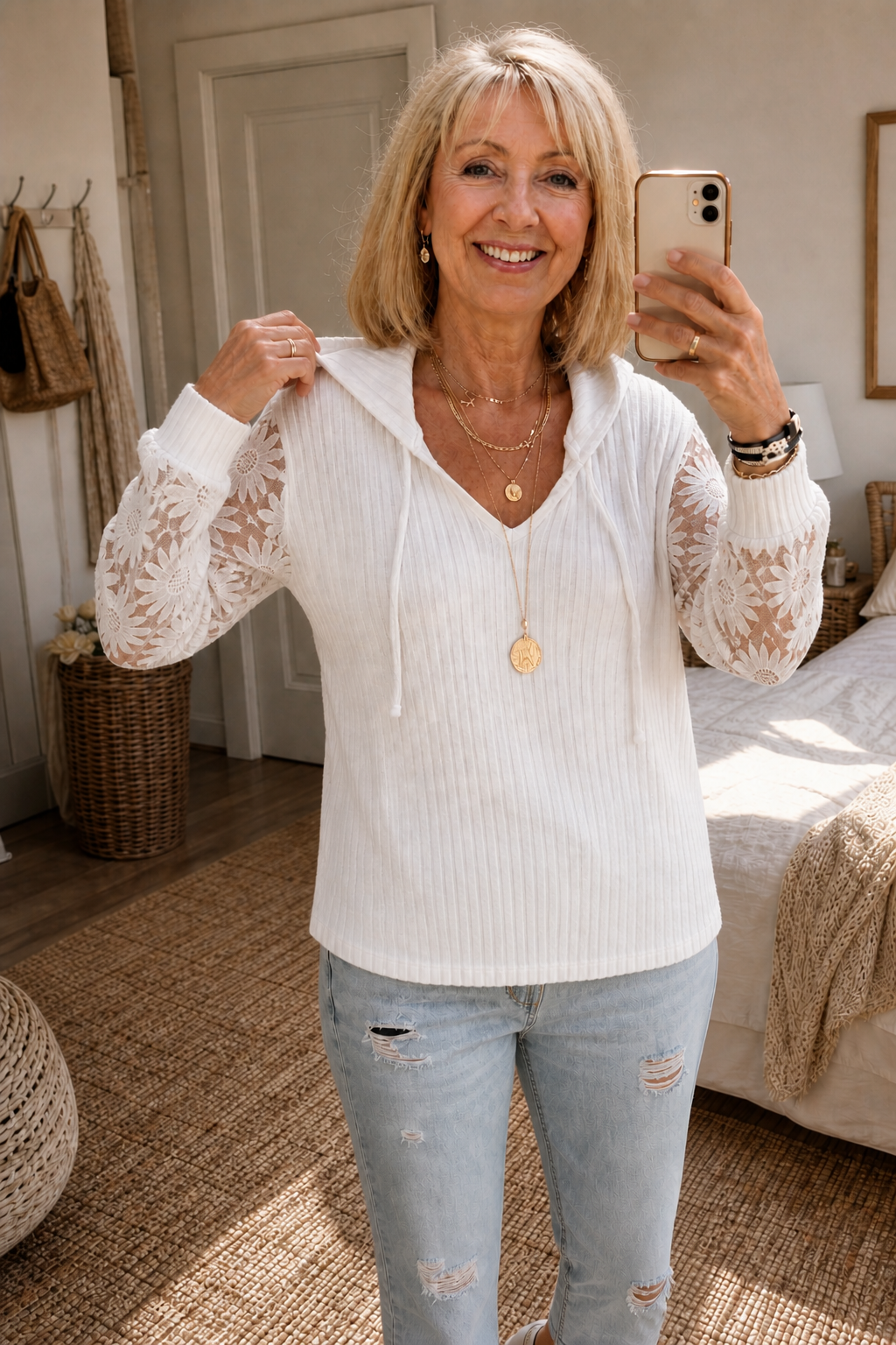 Lunetta – Lace-Look Sleeve Ribbed Knit Hoodie Cardigan