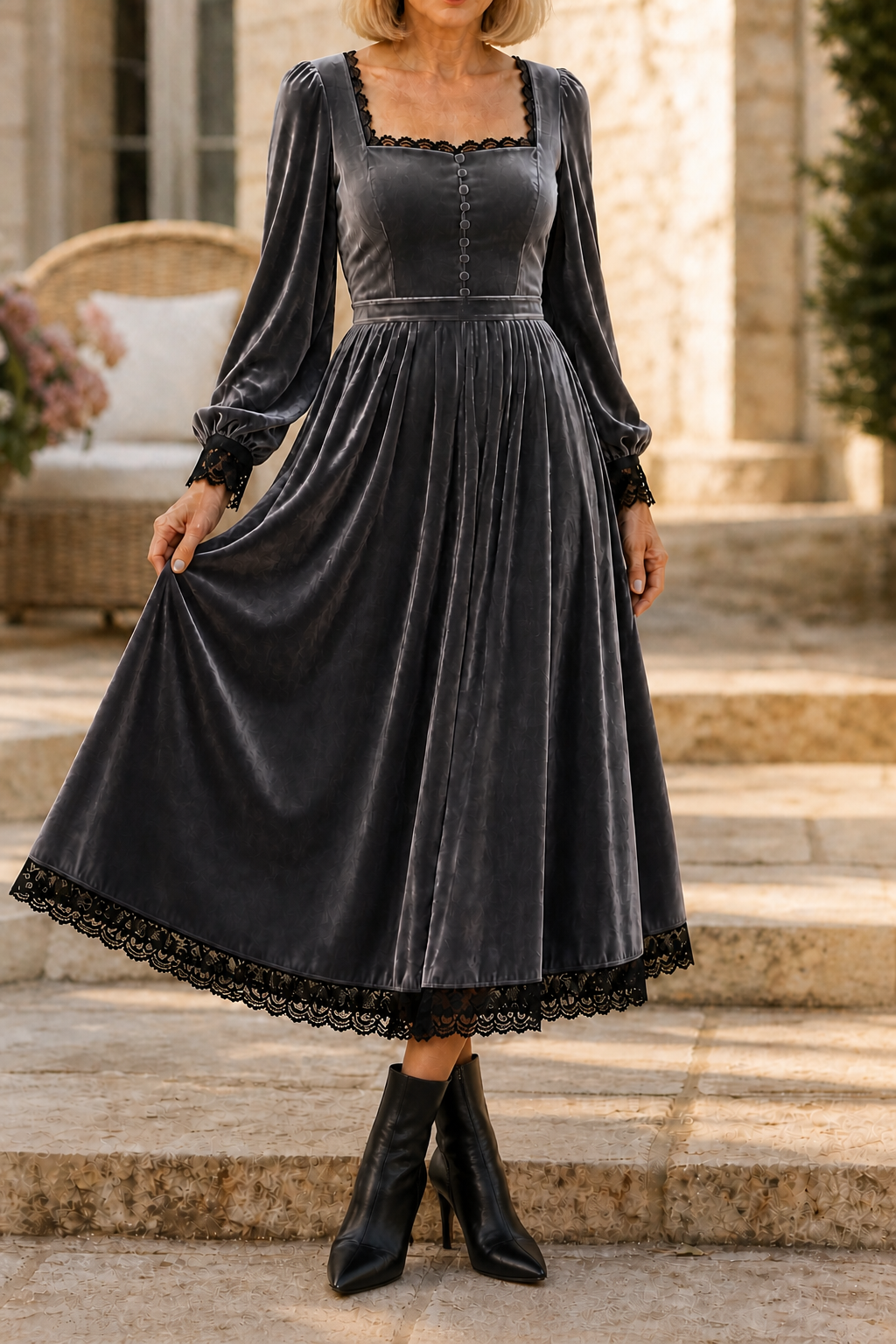 Velourette – Square Neck Fitted Waist Velvet-Look Midi Dress