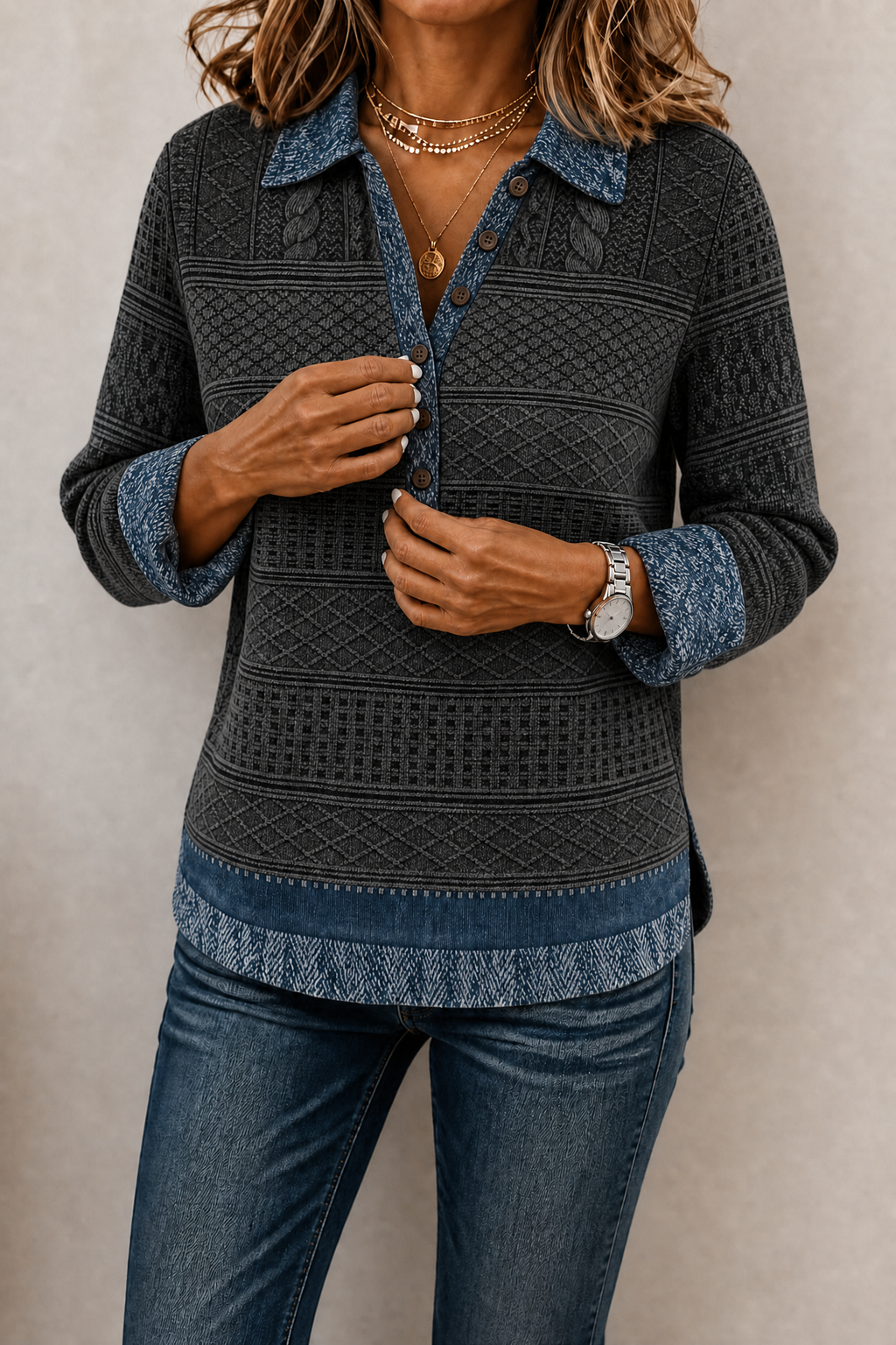 Layerlyn – Denim Patchwork Textured Knit Blouse