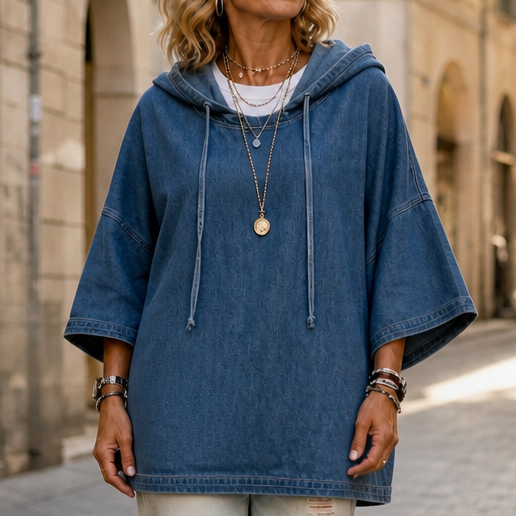 Wearlow – Oversized Washed Denim Look Hooded Poncho