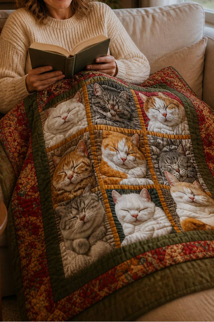 Purrfecto – Nine-Panel Sleeping Cats Reversible Flannel Throw