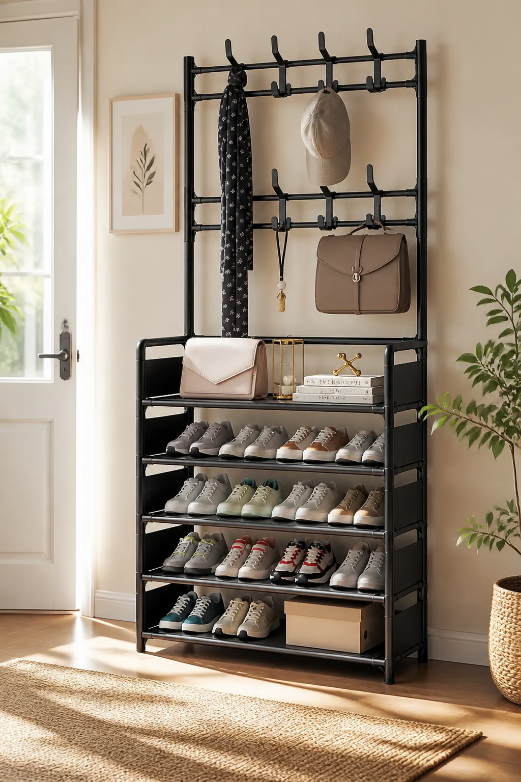 Haldrow – Tier Shoe Rack With Coat Hooks