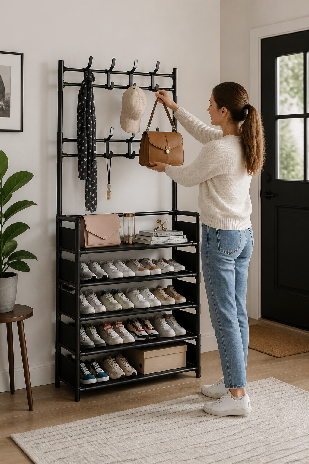 Haldrow – Tier Shoe Rack With Coat Hooks