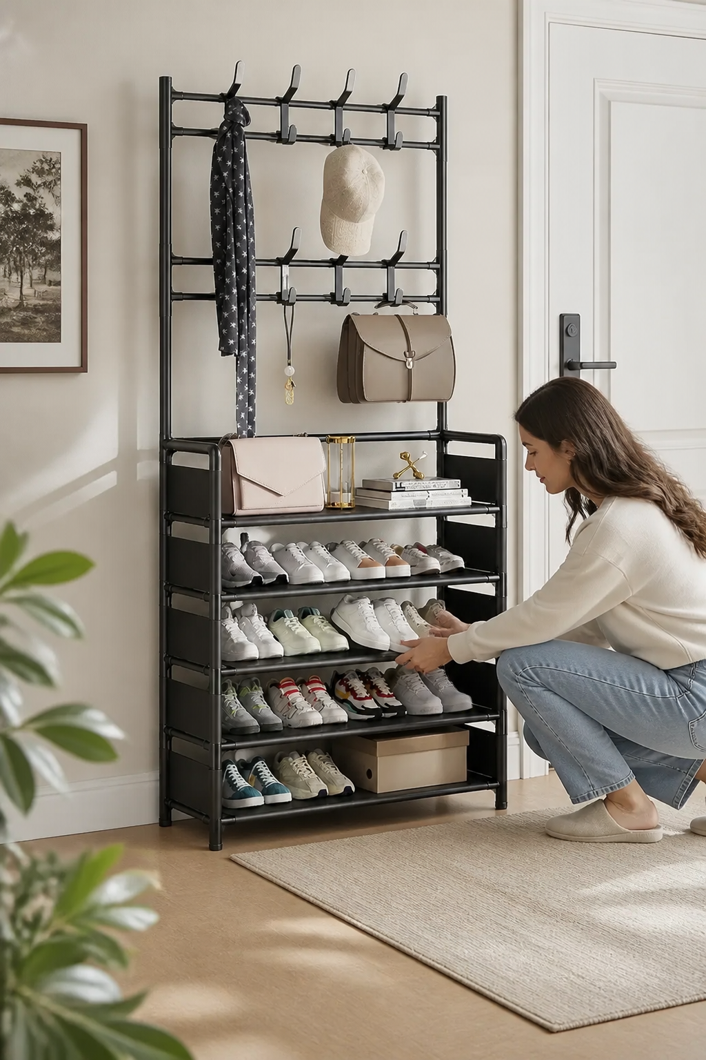 Haldrow – Tier Shoe Rack With Coat Hooks