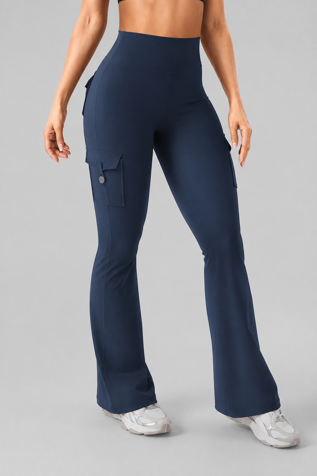 Curvana – High-Waisted Ruched Flare Cargo Leggings