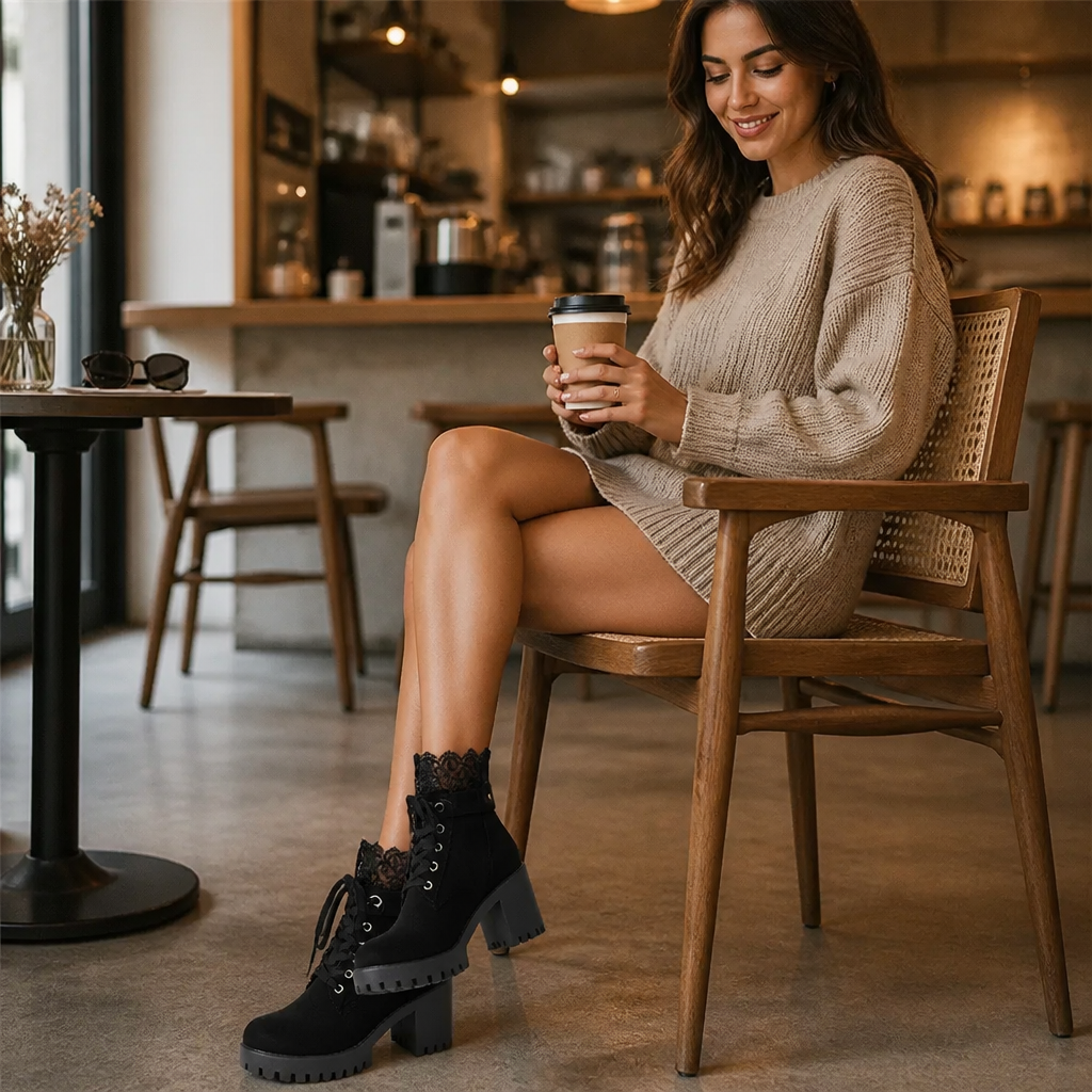 Lacevoya – Lace-Up Chunky Heel Ankle Booties