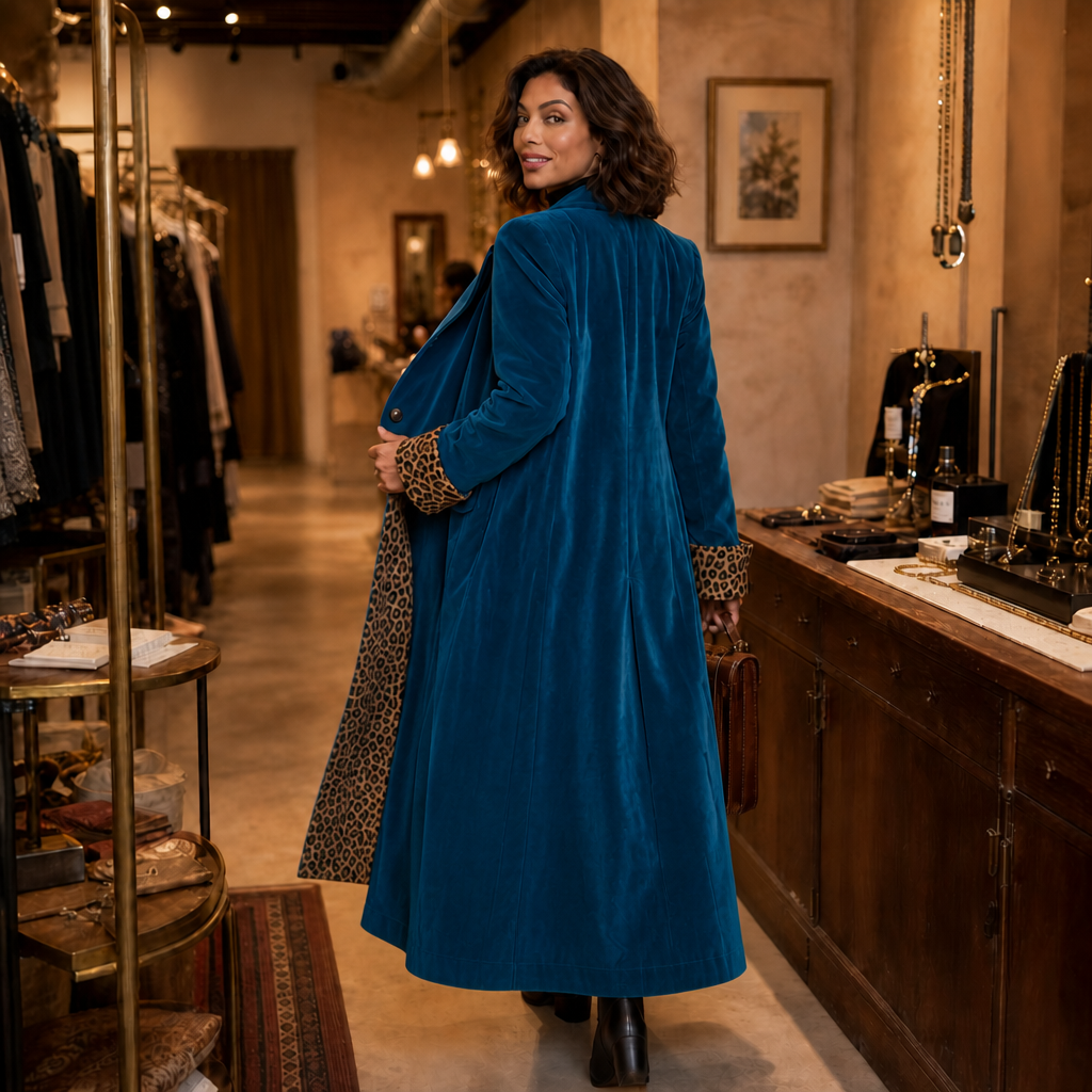 Velmora – Leopard-Lined Velvet Maxi Coat