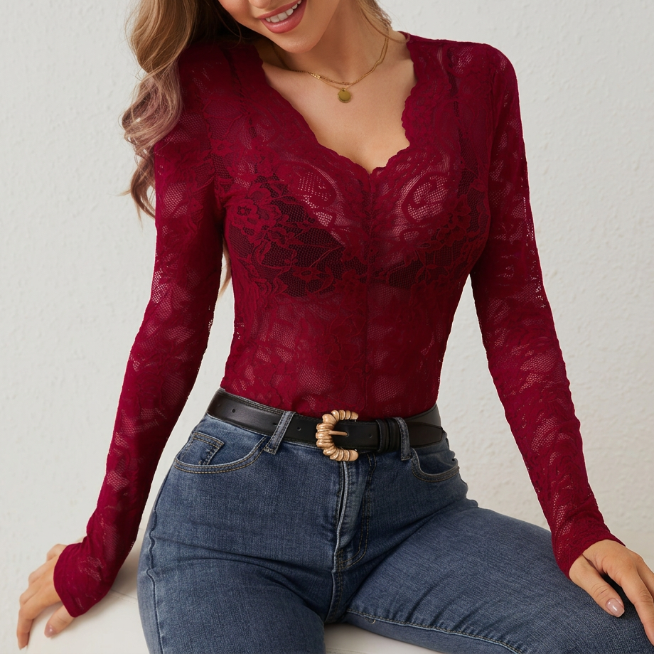 Lacefolie – Scalloped V-Neck Sheer Floral Lace Top