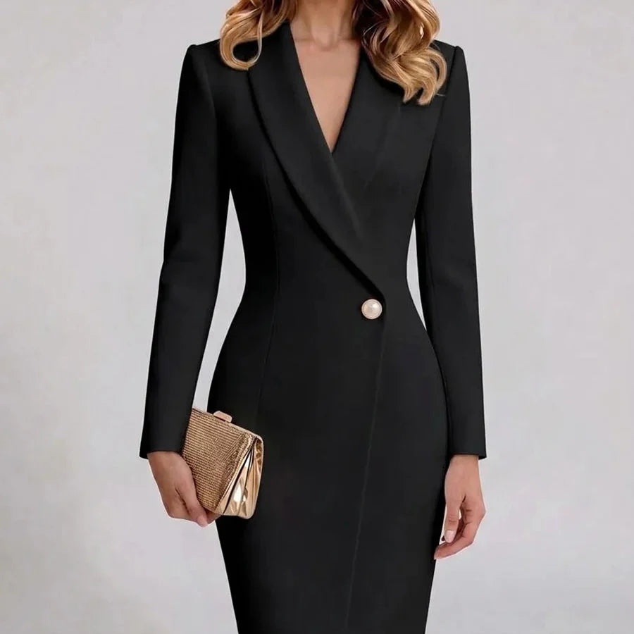 Sashelle – Wrap-Front Single-Button Slit Hem Blazer Dress
