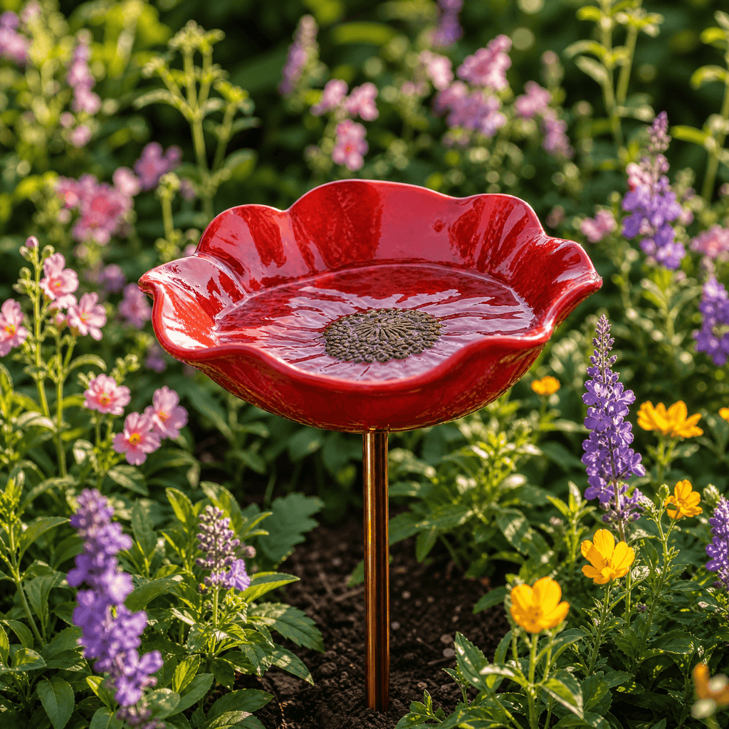 PetalHaven – Hand-Formed Poppy Bird Bath Garden Stake