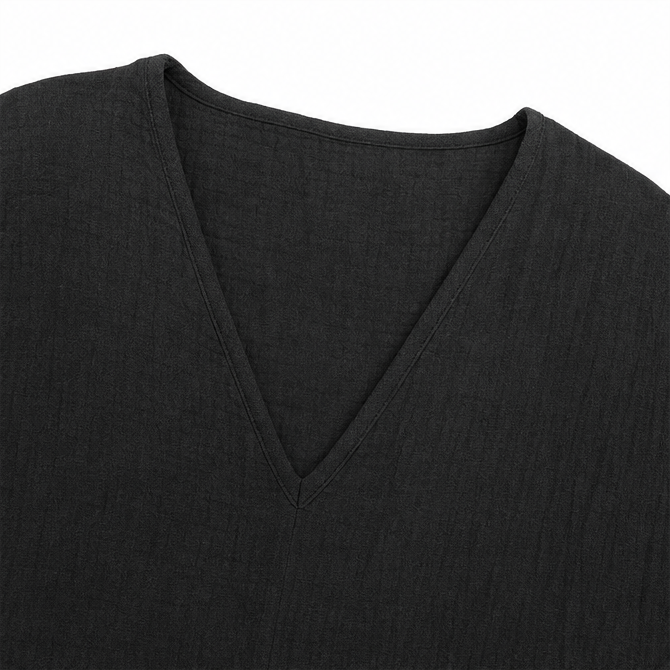 Sereva – Women's Relaxed V-Neck Linnen Blouse with Three-Quarter Sleeves and Curved Hem