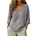 Linvie – Loose V-Neck Linen-Look Blouse with Three-Quarter Sleeves