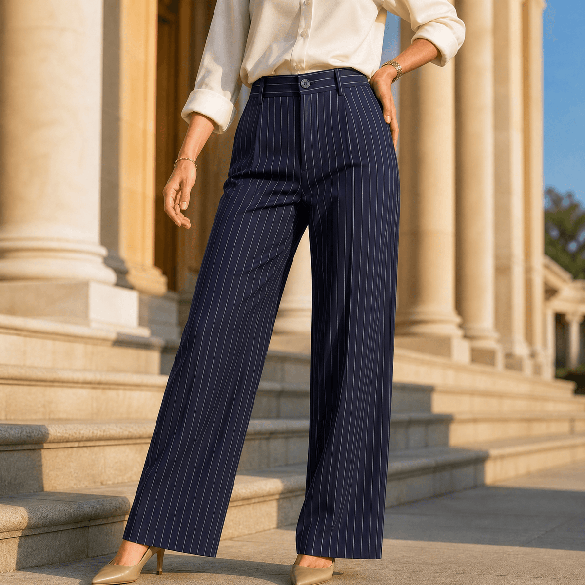 Solène – Women's High-Waisted Striped Wide-Leg Trousers