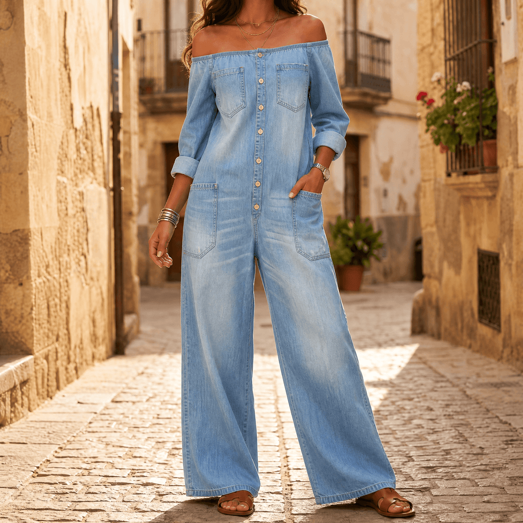Soluna – Women's Off-Shoulder Wide-Leg Denim Jumpsuit