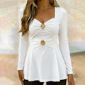 Curvella – Floral Appliqué Peplum V-Neck Top