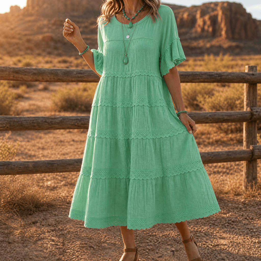 Sundara – Women's Tiered Lace Midi Dress with Hidden Pockets