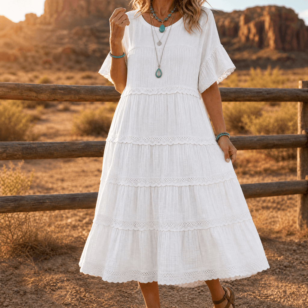 Sundara – Women's Tiered Lace Midi Dress with Hidden Pockets