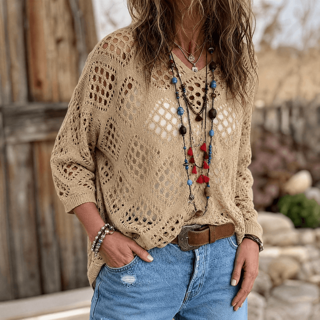 Sunfara – Women's Bohemian Crochet V-Neck Top