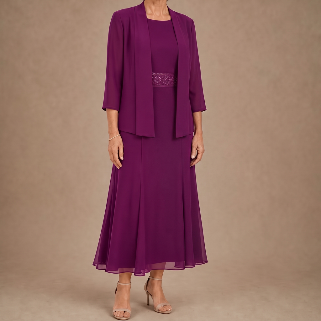 Elowen – Sleeveless Beaded-Waist Chiffon Dress With Jacket