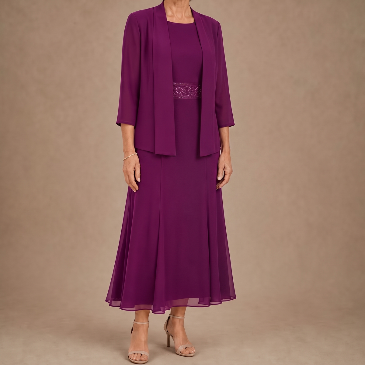 Elowen – Sleeveless Beaded-Waist Chiffon Dress With Jacket