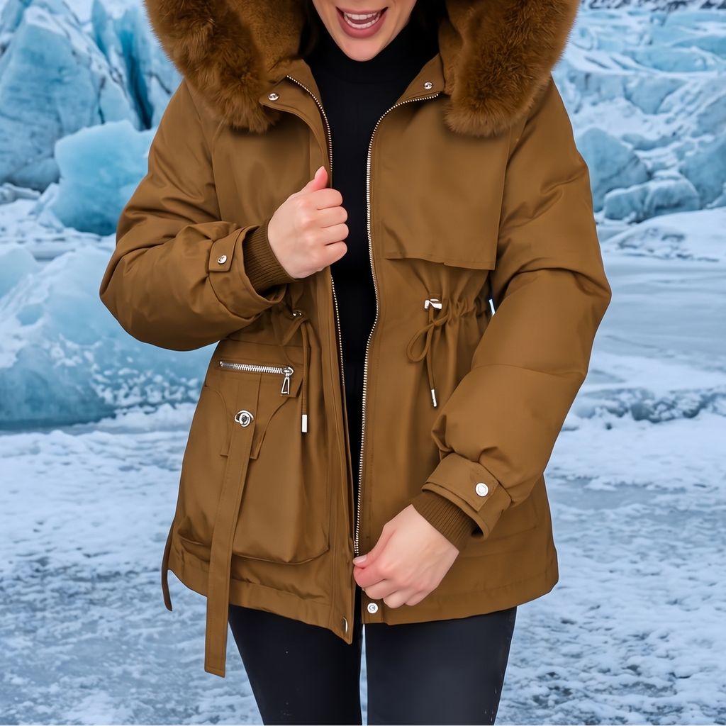 Veluxe – Fur-Trim Waist-Cinch Quilted Parka