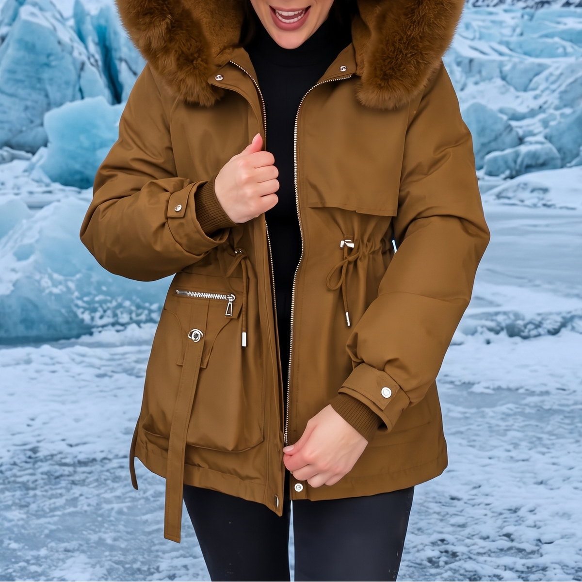 Veluxe – Fur-Trim Waist-Cinch Quilted Parka
