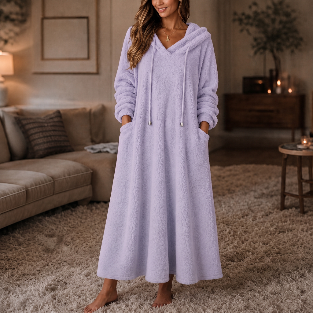 Wrapelle – Hooded Plush A-Line Maxi Lounge Dress