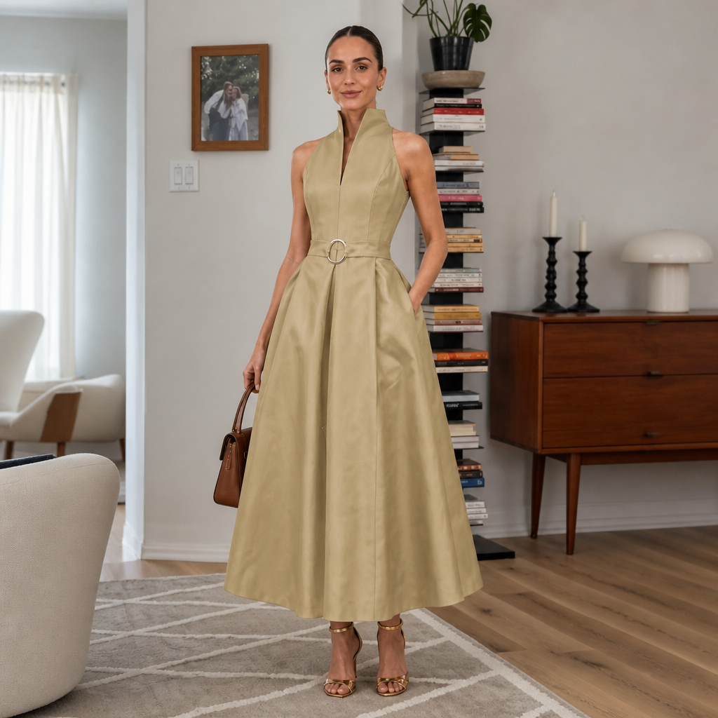 Elara Verona – Zip-Neck Stand Collar Fit-And-Flare Midi Dress